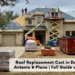 Roof replacement in progress on a two-story home in Texas with workers, scaffolding, roofing materials, and a dumpster on-site – Space Roofing service in Dallas, Austin, San Antonio, and Plano.