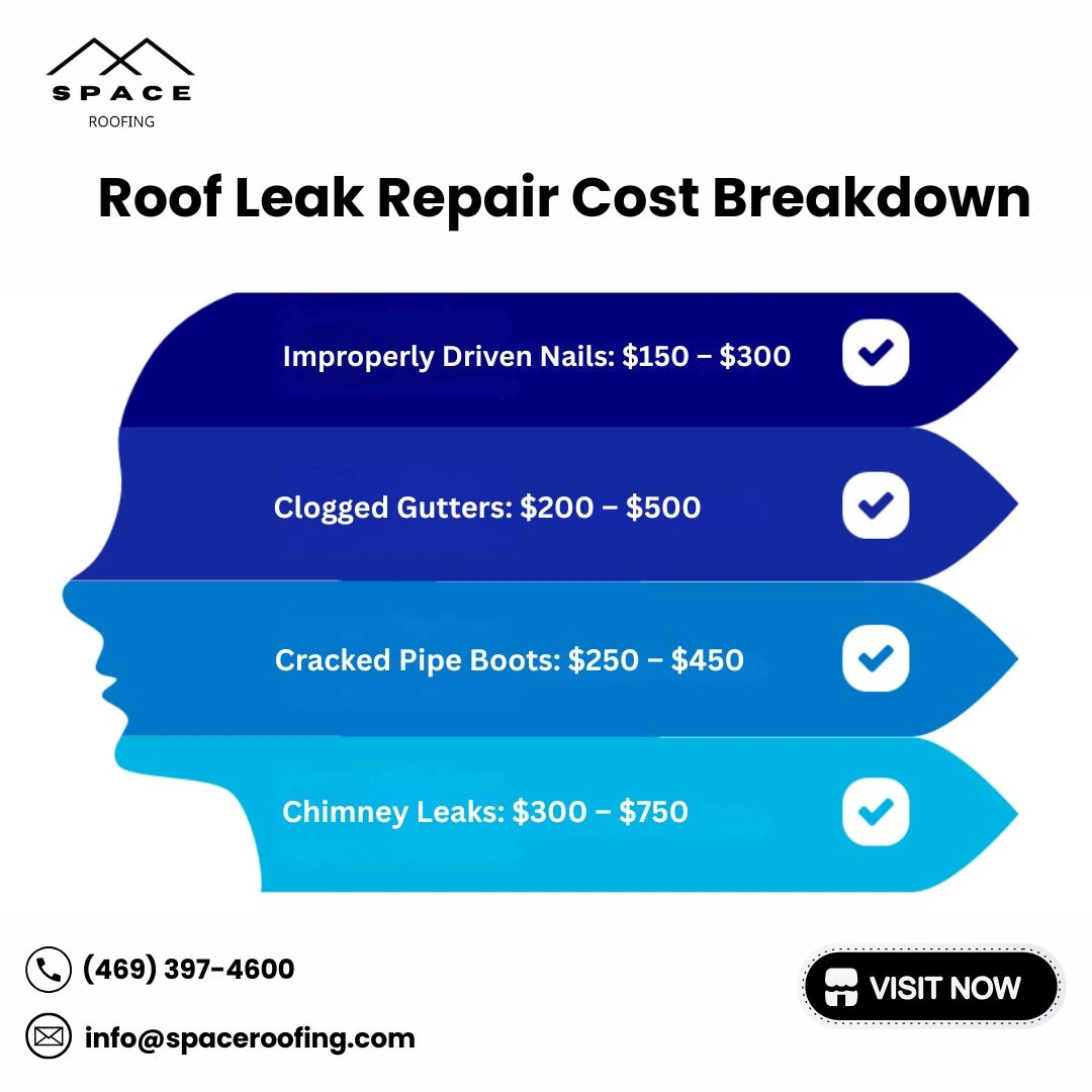 Infographic showing the cost breakdown of common roof leak repairs including nails, gutters, pipe boots, and chimney leaks